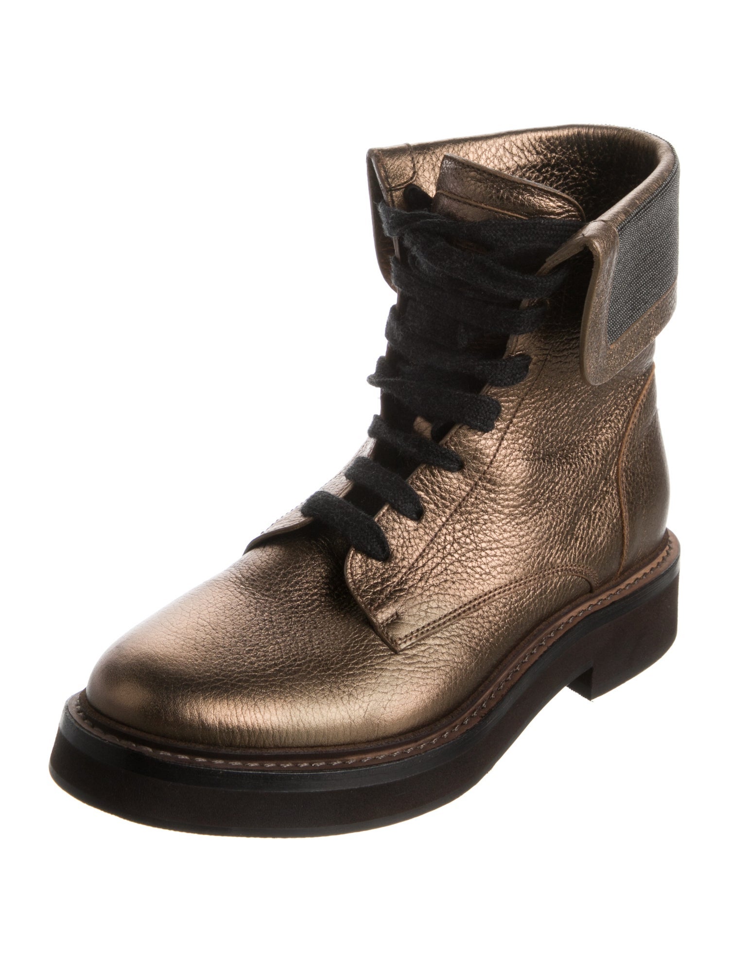 Brunello Cucinelli Leather Colorblock Pattern Combat Boots